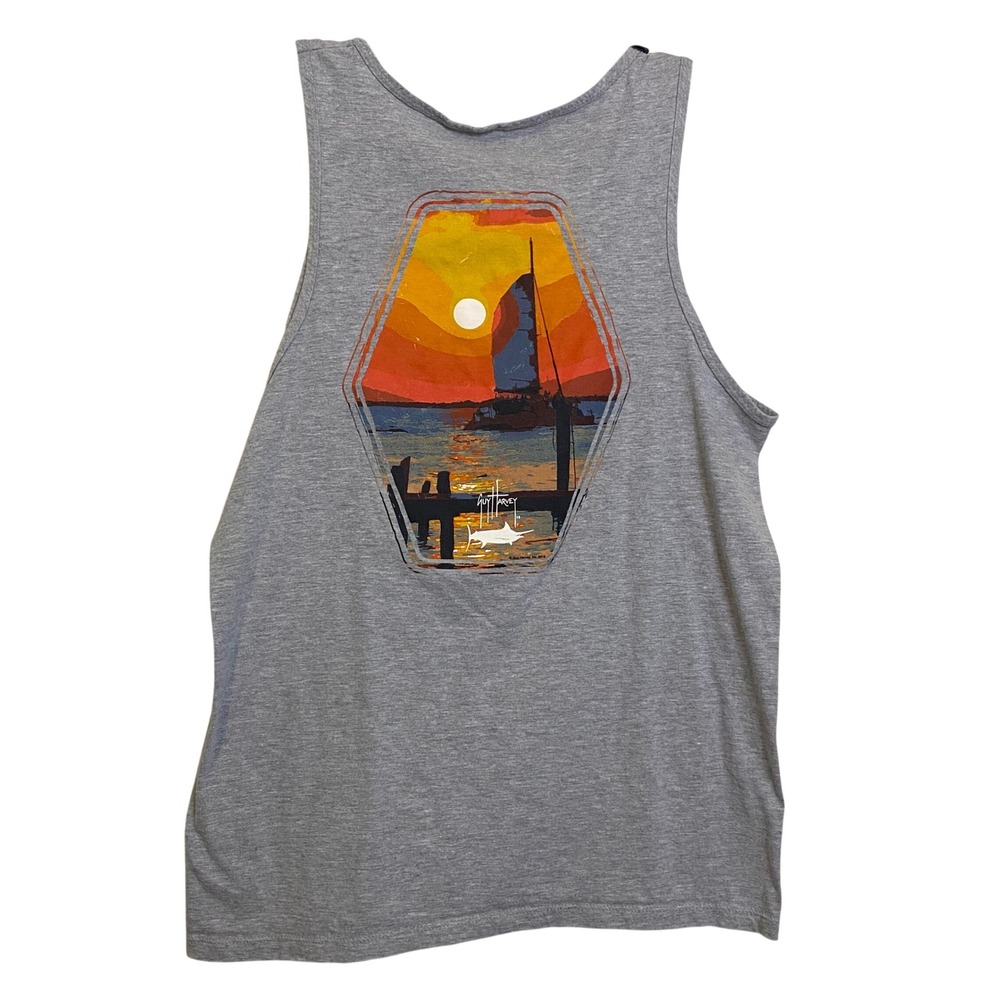 Guy Harvey Mens Gray Sunset Sailboat Graphic Tank Top Medium Classic Fit L11